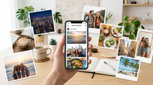 A smartphone displaying an Instagram-style feed surrounded by colorful lifestyle photos, including selfies, travel destinations, coffee, beaches, friends, food, sunsets, and everyday moments, representing Instagram caption ideas for every mood and occasion.