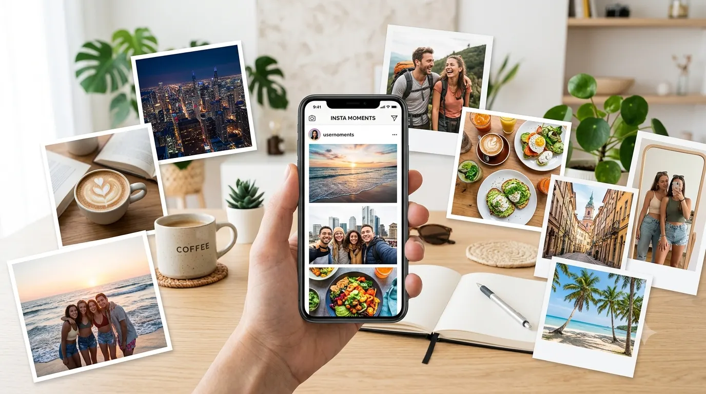 A smartphone displaying an Instagram-style feed surrounded by colorful lifestyle photos, including selfies, travel destinations, coffee, beaches, friends, food, sunsets, and everyday moments, representing Instagram caption ideas for every mood and occasion.