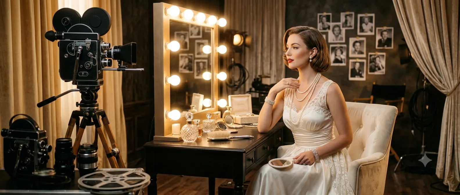 Vintage Hollywood inspired blog header featuring an elegant woman in a classic white dress, surrounded by soft golden lighting, a vanity mirror with glowing bulbs, pearls, vintage film cameras, and black and white photographs, creating a timeless glamorous aesthetic.