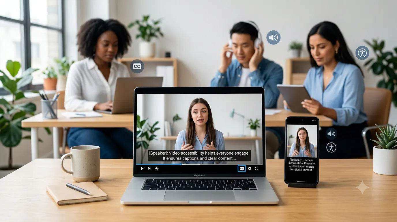 A modern workspace with a laptop and smartphone displaying the same video with closed captions enabled. Diverse viewers in the background represent accessibility and inclusive media. Clean interface elements, accessibility icons, and a bright, minimalist design emphasize video captioning, communication, and digital accessibility.