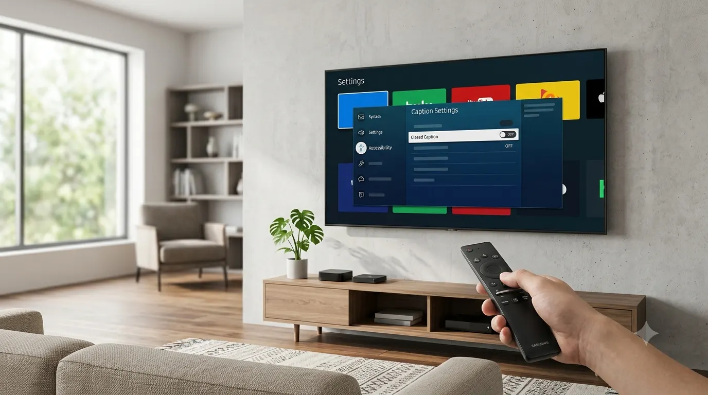 A modern Samsung Smart TV displays the Accessibility settings menu with the Closed Caption option turned off. A remote control points toward the screen in a bright, minimalist living room. The scene features a clean entertainment setup with subtle streaming-inspired elements, soft natural lighting, and ample negative space, illustrating how to disable closed captions on a Samsung TV.