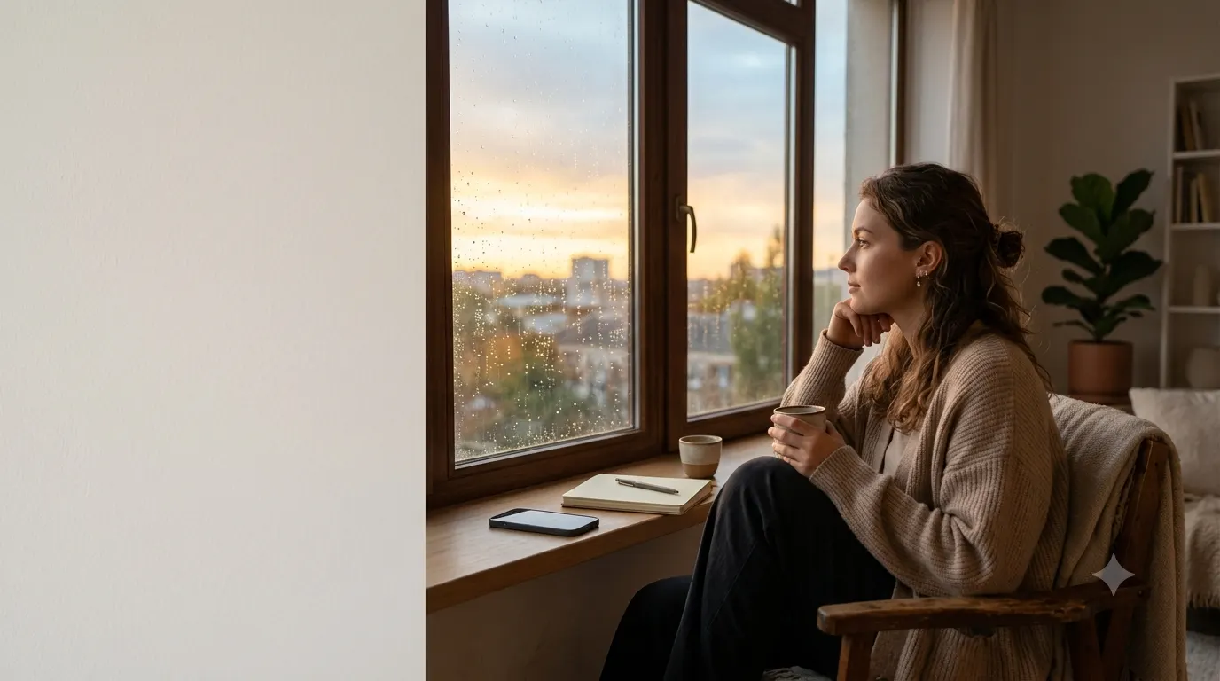 A thoughtful person sitting alone by a window at sunset, reflecting quietly with a calm and emotional atmosphere, representing a sad life caption for social media