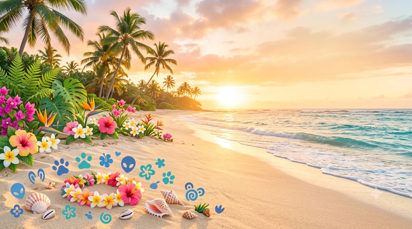 Cute tropical blog header for Lilo and Stitch captions featuring a sunny Hawaiian beach with palm trees, ocean waves, tropical flowers, seashells, and playful island vibes, perfect for an Instagram caption collection.