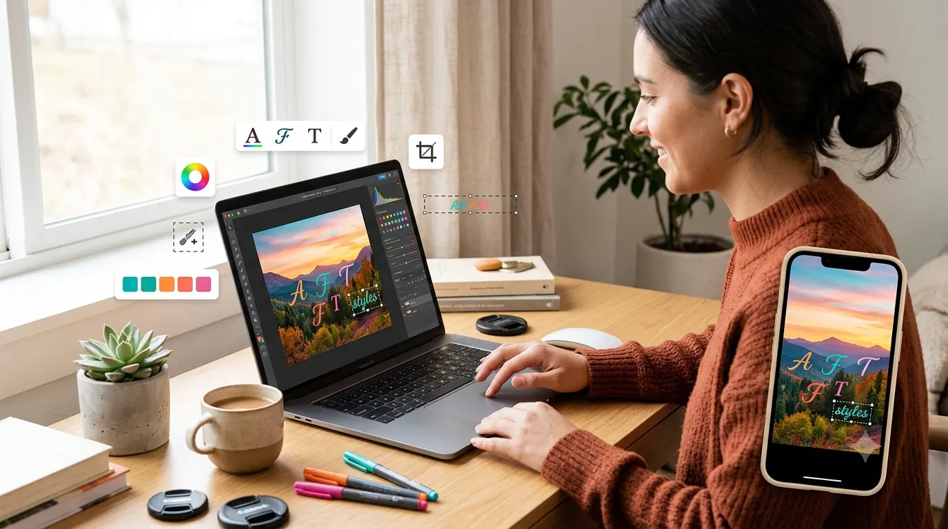 A person adding a stylish text caption to a photo on a laptop while a smartphone displays the edited image, surrounded by simple photo editing tools in a modern workspace.