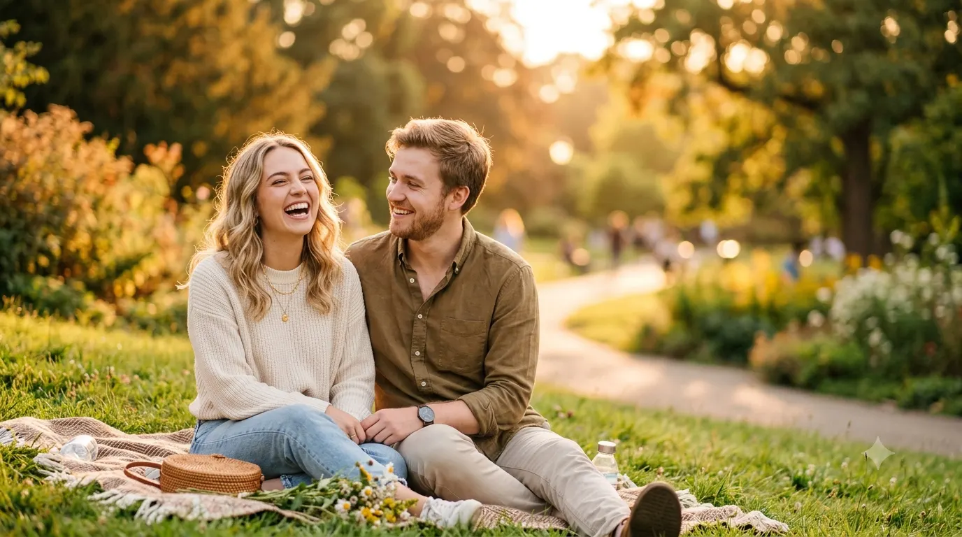 Young couple enjoying a romantic date outdoors with warm sunset lighting