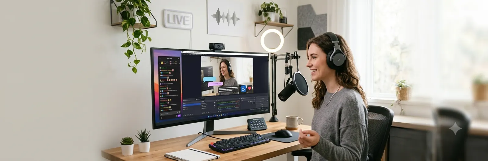 Content creator using OBS Studio to add live captions during a stream with caption overlays, microphone, webcam, and a modern desktop streaming setup.