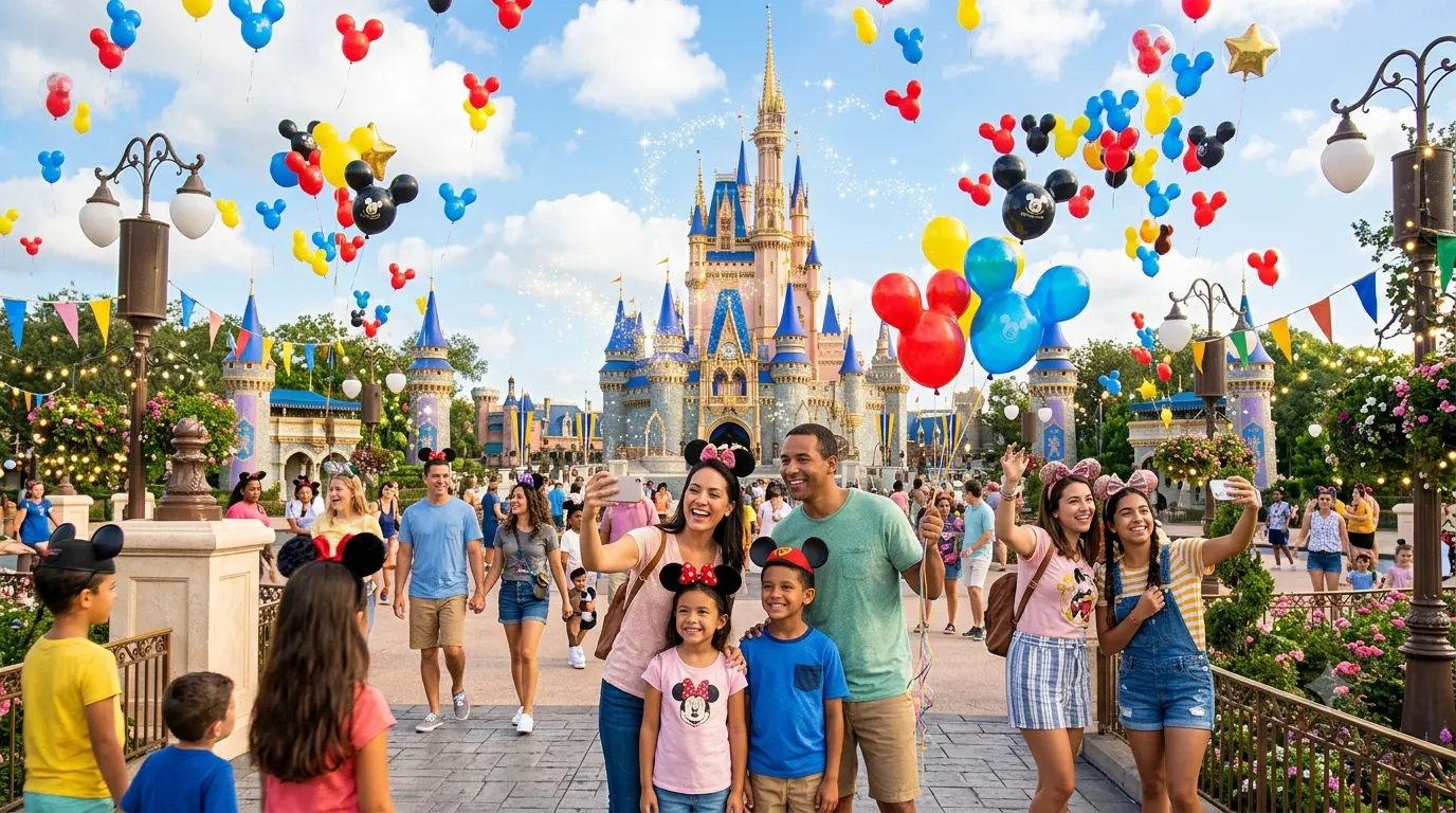 A colorful Disney inspired scene featuring iconic Mickey Mouse ears, a fairytale castle in the background, festive balloons, sparkling lights, and visitors enjoying a magical theme park day. The bright, cheerful atmosphere captures the excitement of a Disney vacation and the joy of creating unforgettable memories.