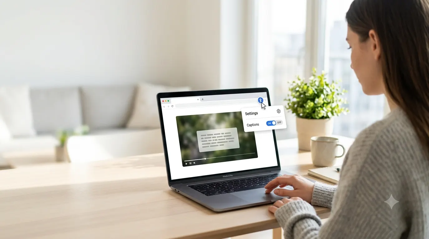 Person disabling Live Caption in Google Chrome using the browser's Accessibility settings on a laptop.