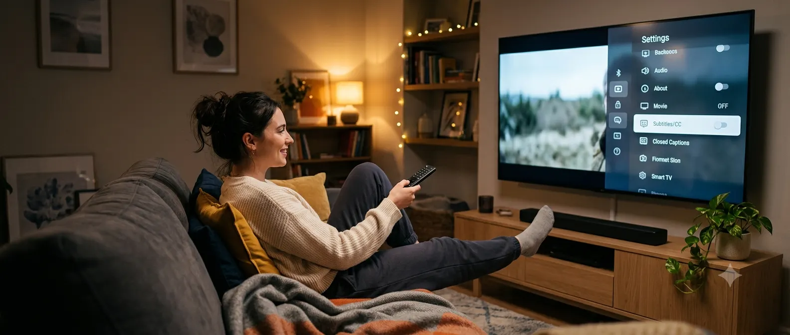 Person relaxing on a cozy sofa while watching Netflix on a smart TV, using the remote to turn off closed captions through the subtitle settings. The modern living room features warm lighting, a clean entertainment setup, and a distraction-free viewing experience.
