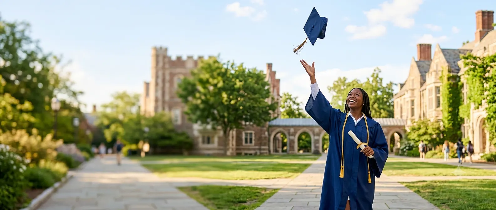 Graduate in cap and gown holding a diploma while celebrating graduation outdoors with a graduation cap tossed into the air on a sunny campus.