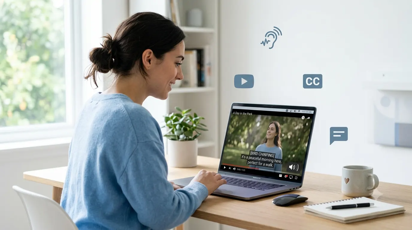 Person watching an online video with closed captions enabled on a laptop, demonstrating digital accessibility and video captioning.