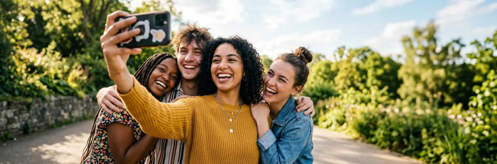 Happy young adult laughing while taking a selfie with friends outdoors on a sunny day, representing funny life captions, joyful moments, and social media lifestyle.