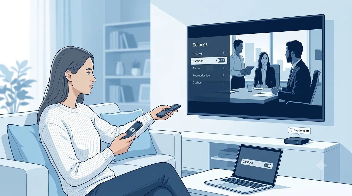 Person using a smart TV to turn off closed captions while viewing caption settings on a television, laptop, smartphone, and streaming device in a modern living room.