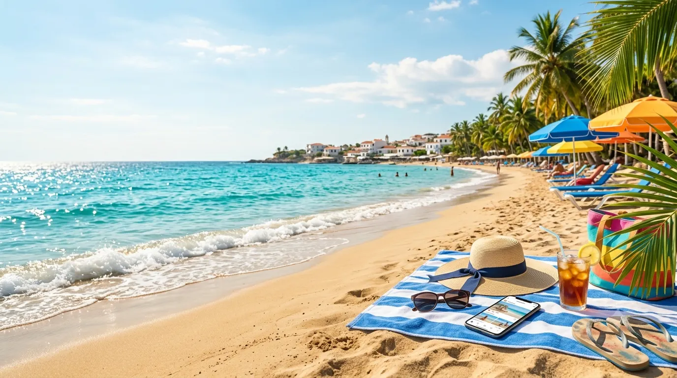 Colorful summer beach scene with turquoise ocean, golden sand, palm trees, sunglasses, beach towel, tropical drink, and a smartphone displaying a social media feed, representing summer Instagram captions for beach vacations, selfies, and sunny adventures.