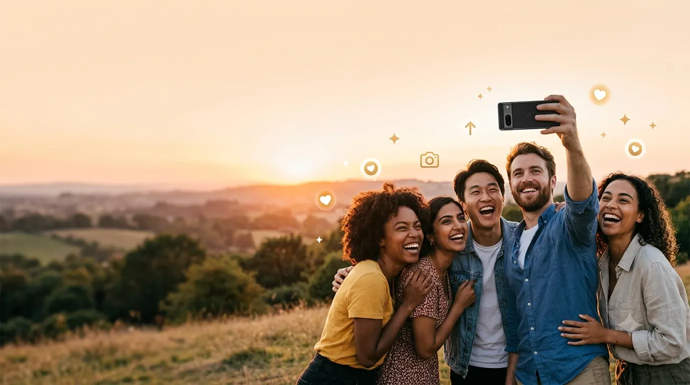 A group of diverse friends laughing together while taking a selfie outdoors at golden hour, capturing a joyful moment of friendship with warm sunlight and a relaxed, happy atmosphere.