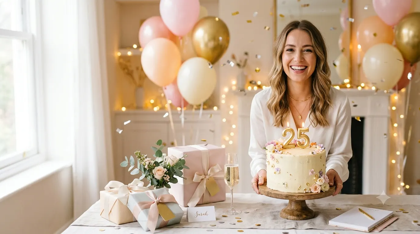 A stylish 25th birthday celebration featuring a smiling young adult holding an elegant birthday cake topped with gold number 25 candles. The scene includes pastel balloons, confetti, wrapped gifts, warm fairy lights, and tasteful party decorations in a bright, modern setting with plenty of open space, creating a festive and Instagram-worthy birthday atmosphere.