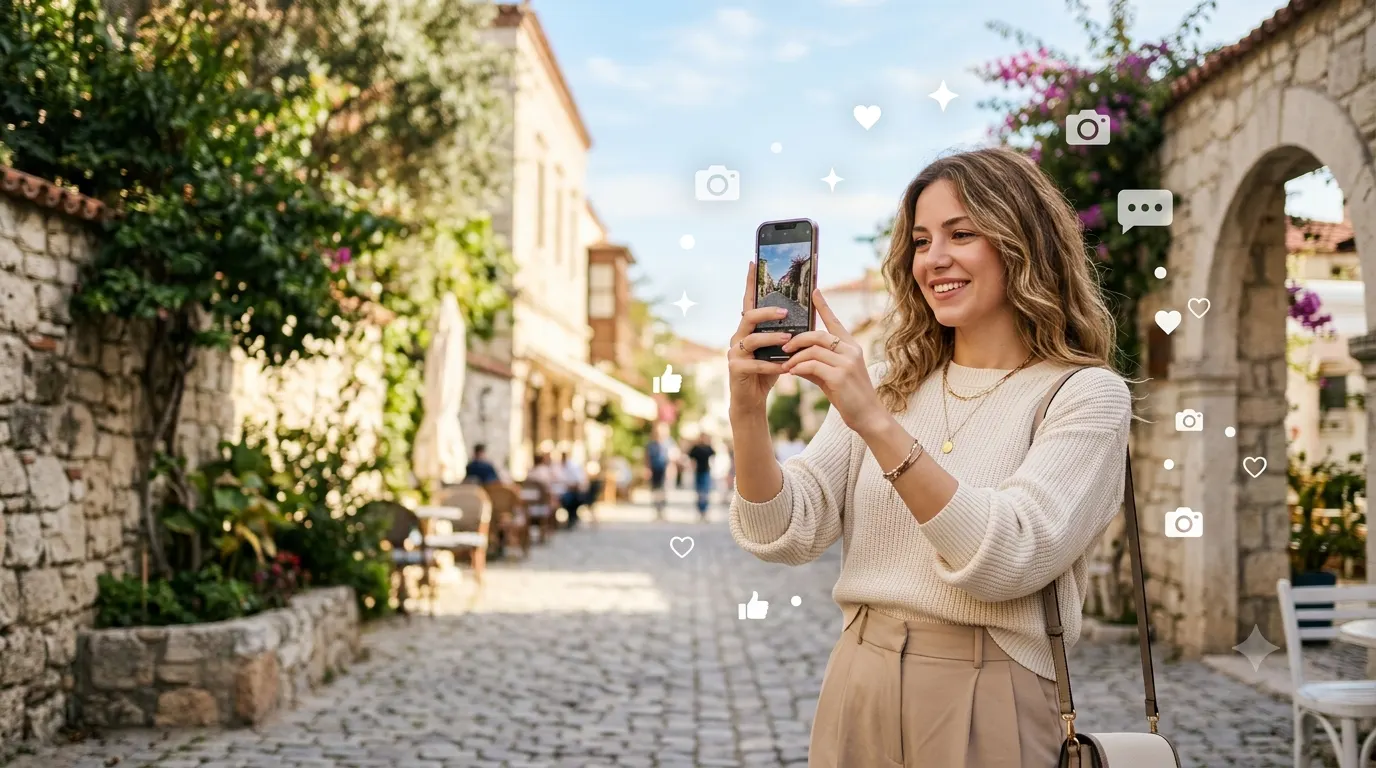 A stylish person holding a smartphone and taking an Instagram photo outdoors, surrounded by subtle social media icons, heart reactions, and a clean modern aesthetic with bright natural lighting.