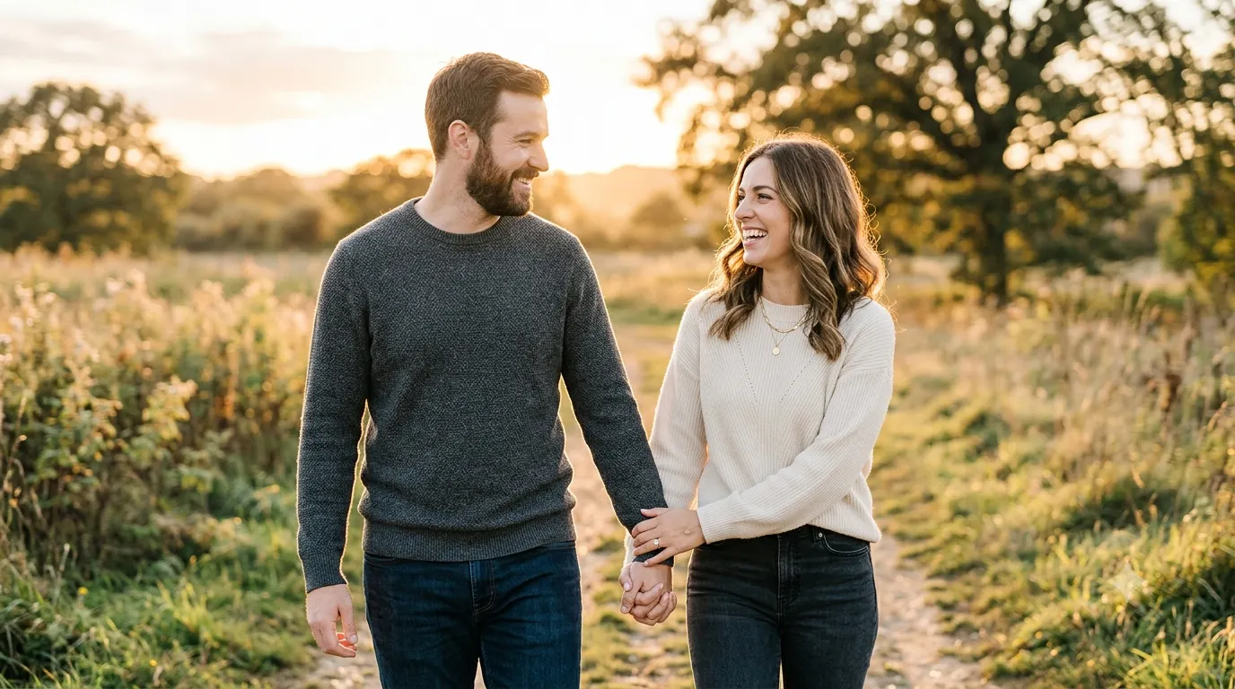 Romantic engaged couple holding hands and showing an engagement ring during a golden hour outdoor photoshoot, celebrating their engagement with joyful smiles and a soft, elegant background.
