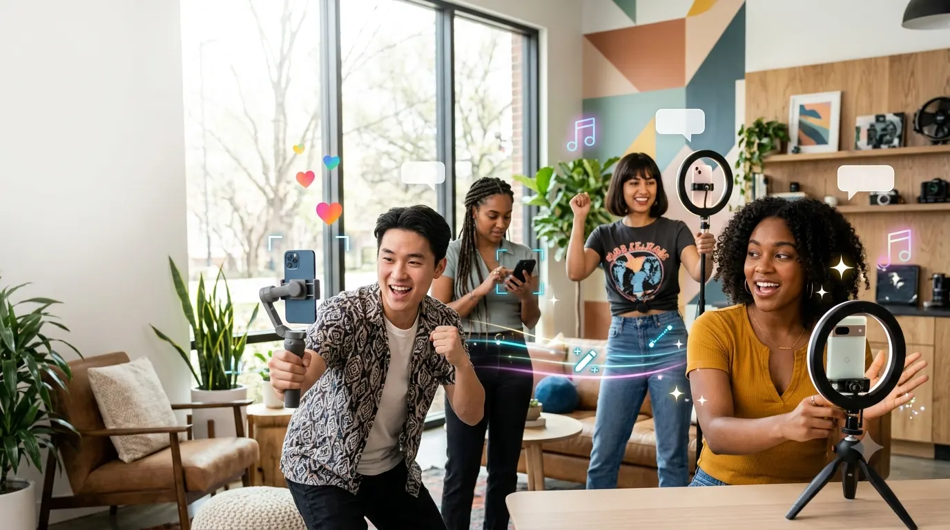 Modern content creators recording TikTok videos with smartphones, surrounded by social media icons, ring lights, and creative filming equipment in a bright, stylish studio setting.