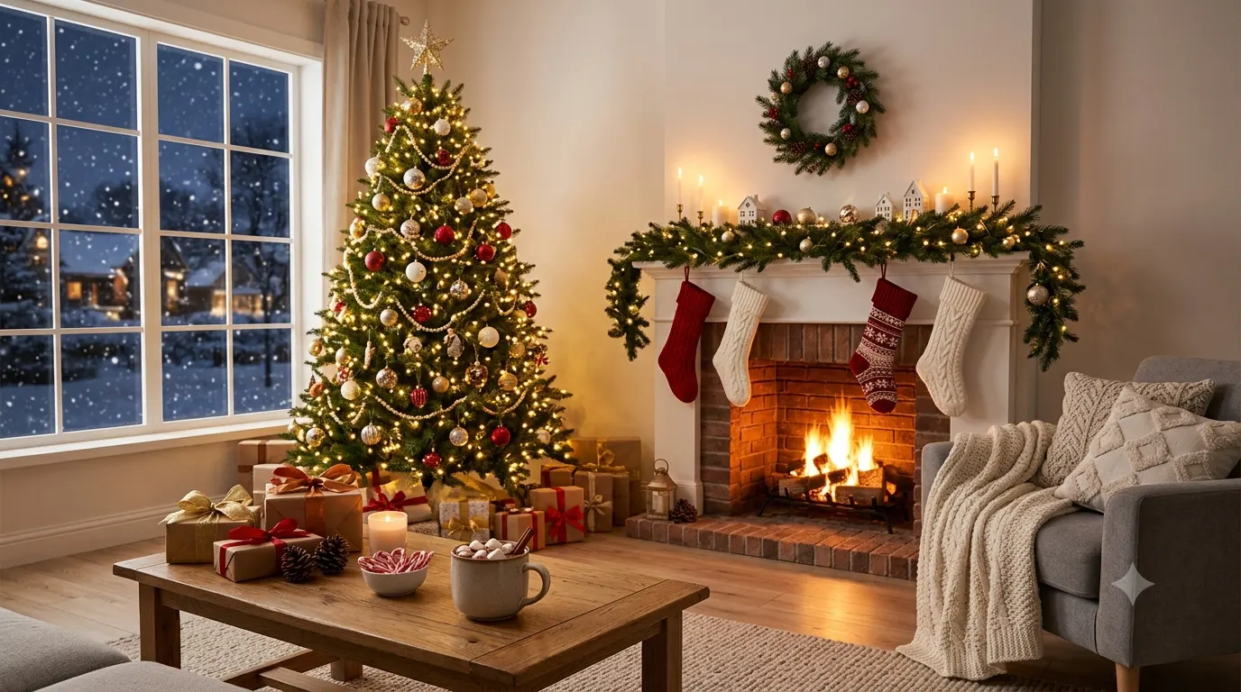 Cozy Christmas living room with a beautifully decorated tree, wrapped presents, glowing string lights, stockings hanging above a fireplace, hot chocolate on a wooden table, festive ornaments, pine garlands, and softly falling snow visible through large windows, creating a warm and magical holiday atmosphere.