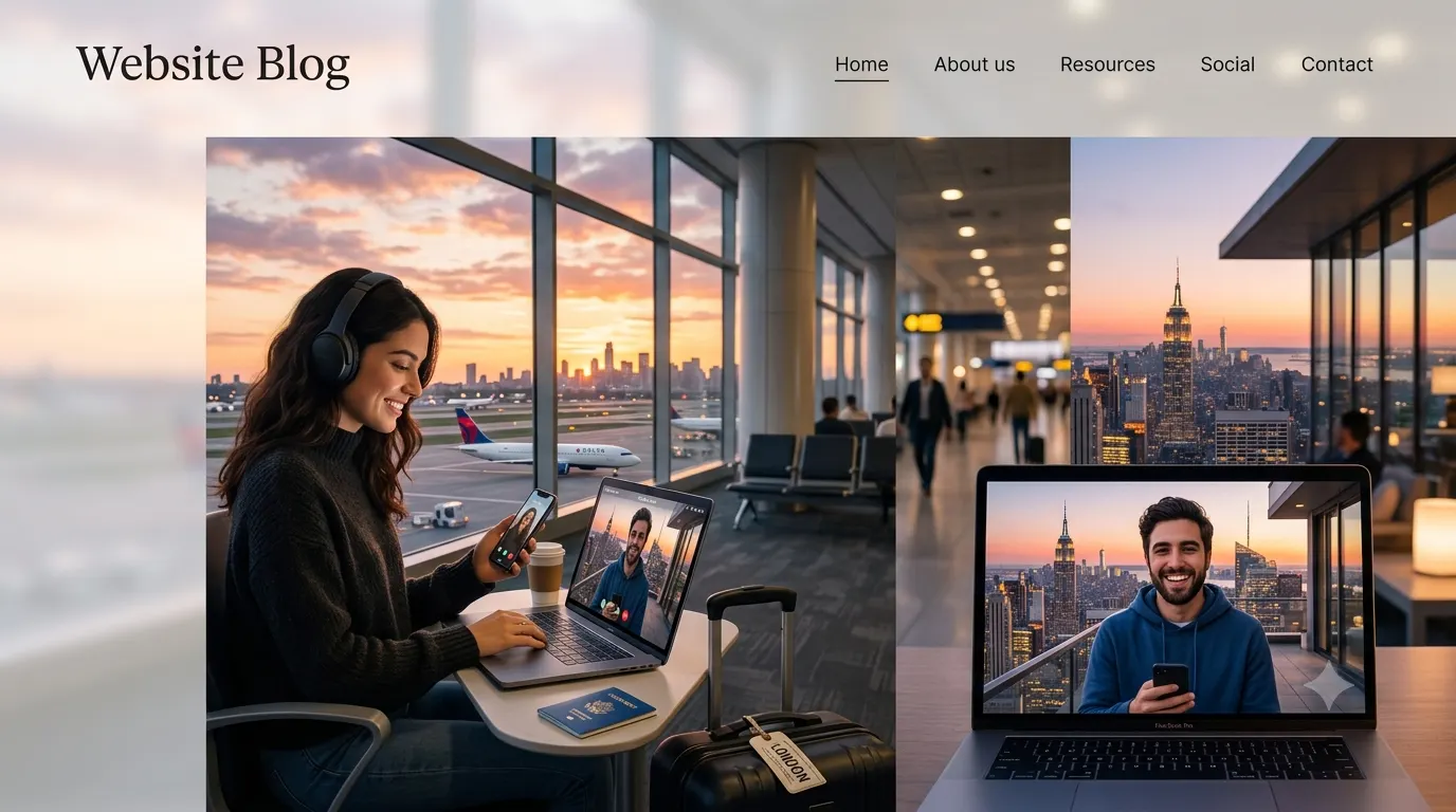 A romantic long distance relationship scene showing a couple connected through a video call from different cities. One partner stands by a large airport window with luggage while the other smiles from a cozy home setting. Warm sunset colors, soft lighting, and subtle travel elements create a hopeful atmosphere, symbolizing love, patience, and staying connected despite the distance.