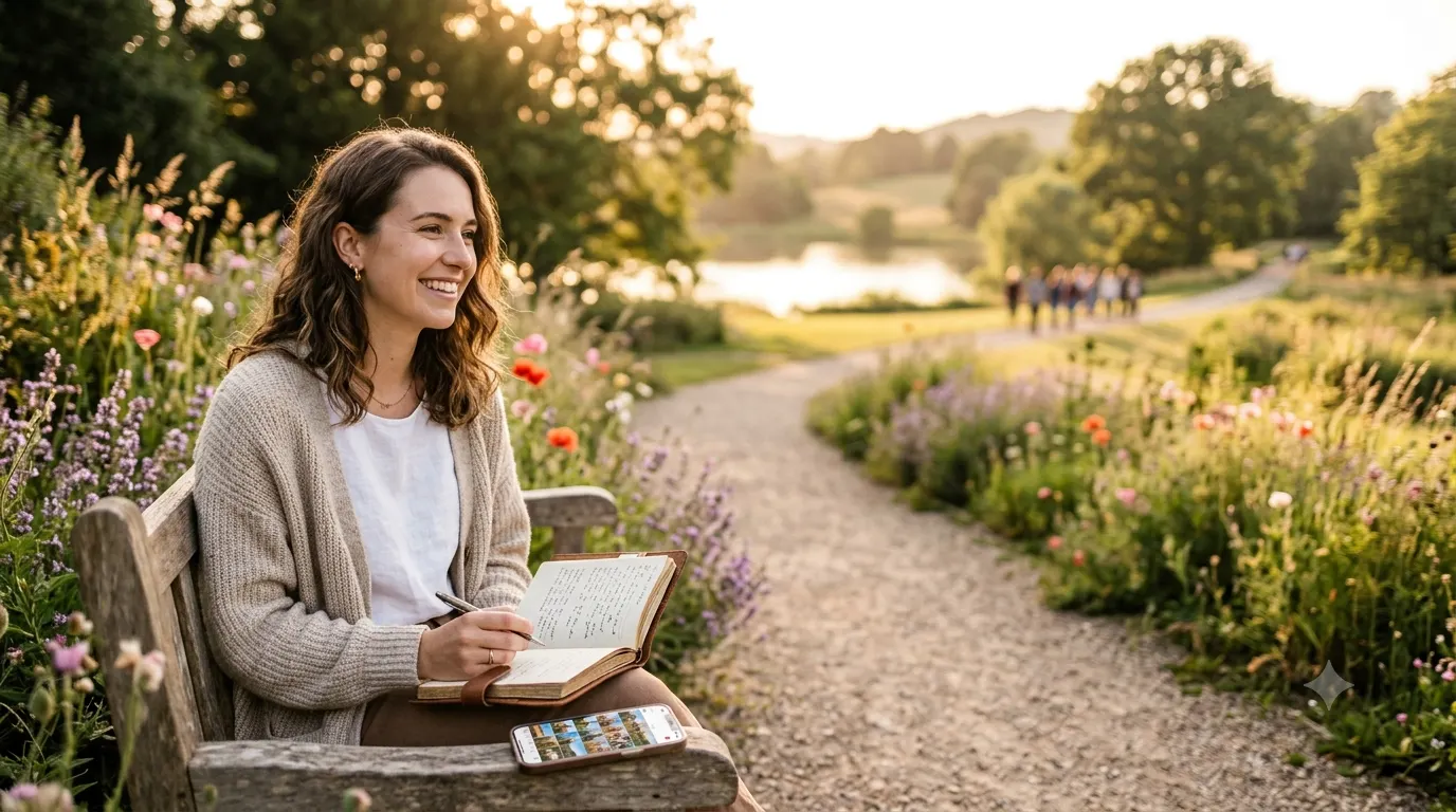 A smiling young adult enjoying a peaceful golden hour walk through a scenic park with blooming flowers, holding a journal and smartphone, capturing the beauty of love, life, and meaningful everyday moments.
