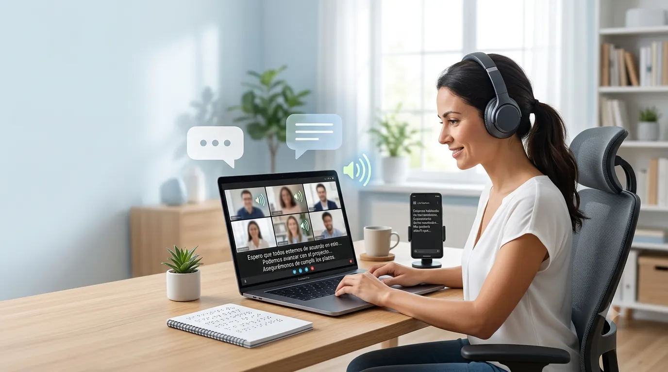 Person using live Spanish captions during an online video meeting on a laptop to improve accessibility and communication.