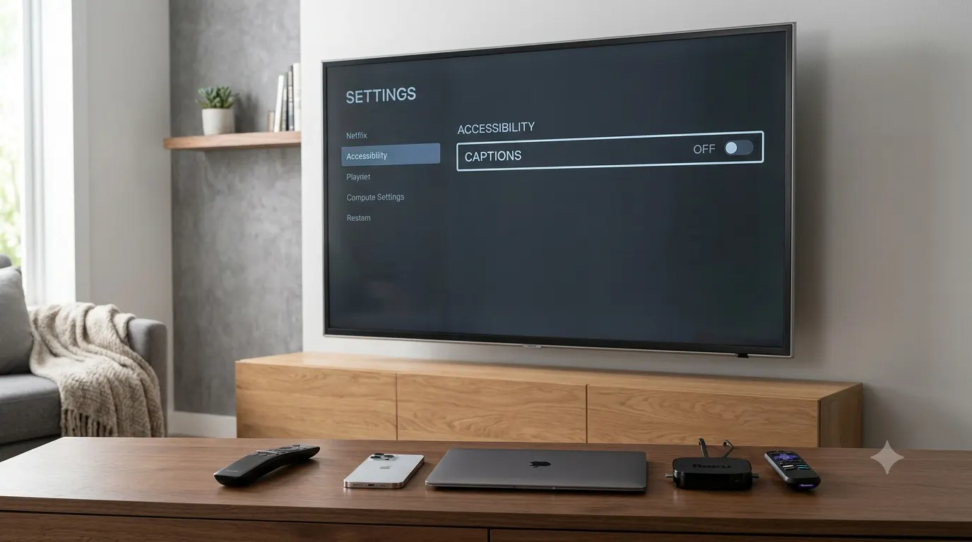 Person using a smart TV to turn off closed captions through the settings menu, with a streaming remote, smartphone, and laptop nearby in a modern living room, illustrating how to disable captions across multiple devices.