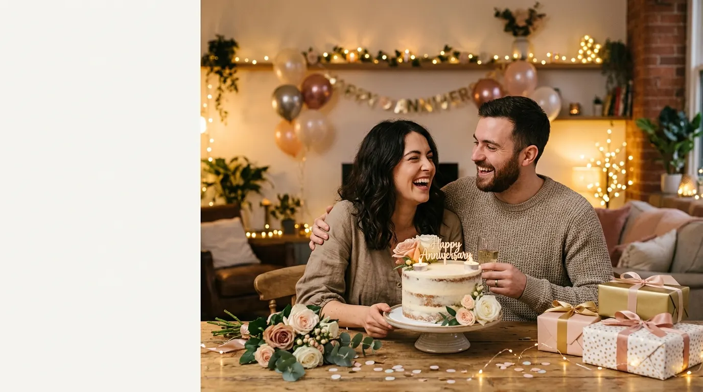 Happy couple laughing together while celebrating their wedding anniversary with cake, balloons, flowers, and festive decorations in a warm, modern setting, perfect for a blog about funny anniversary captions.