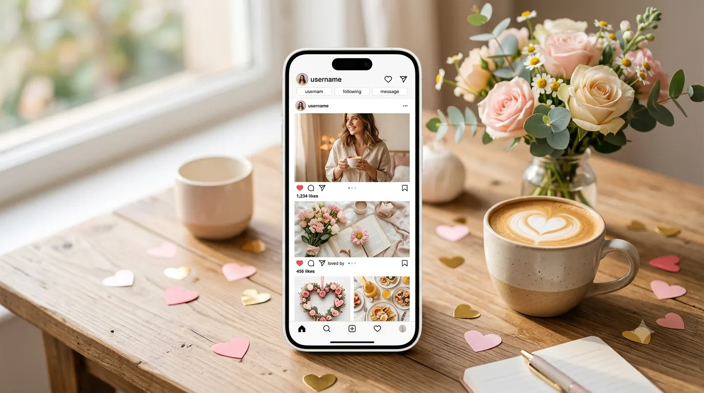 Cute Instagram captions blog header featuring a smartphone with a social media feed, pastel aesthetic, coffee, flowers, and cheerful lifestyle elements on a clean, modern background.