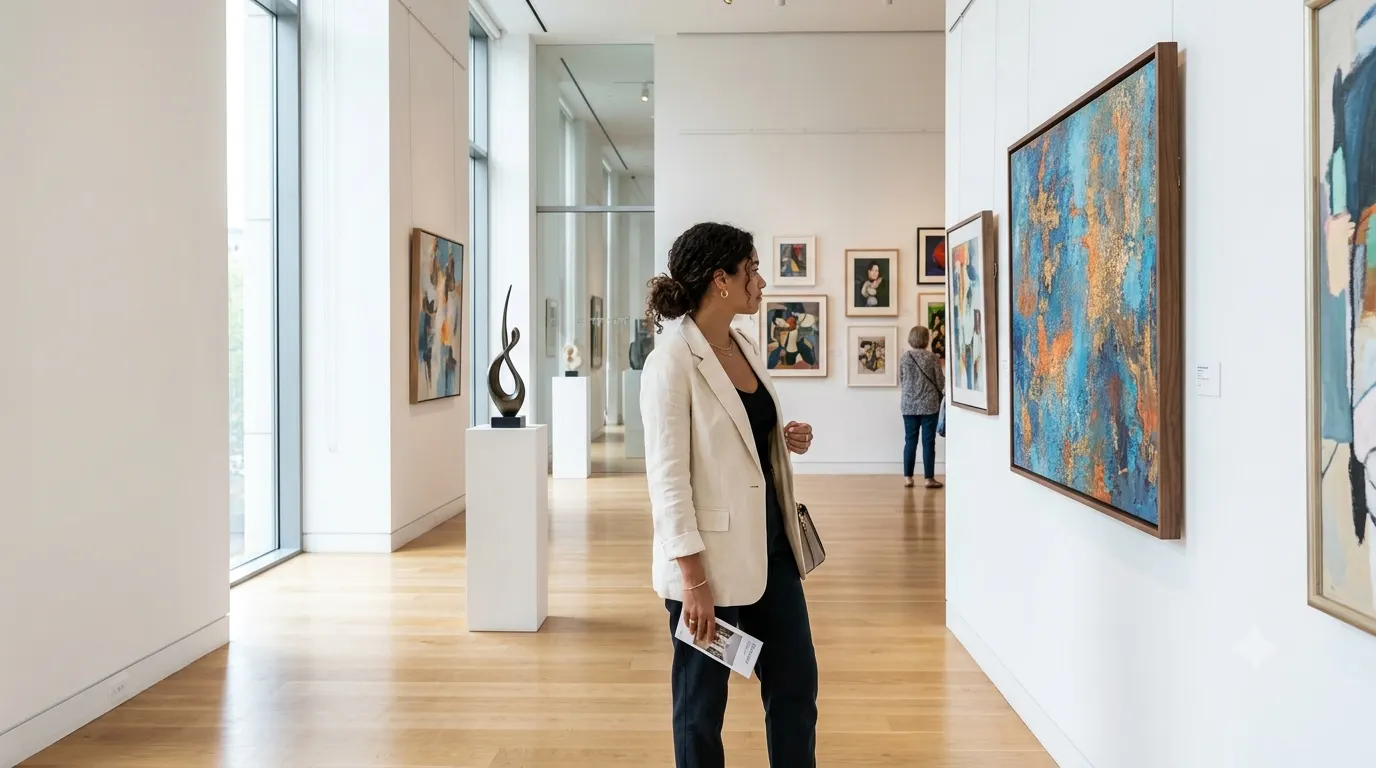 A visitor admires colorful contemporary paintings inside a bright, modern art exhibition with elegant gallery walls, framed artwork, sculptures, and soft natural lighting.