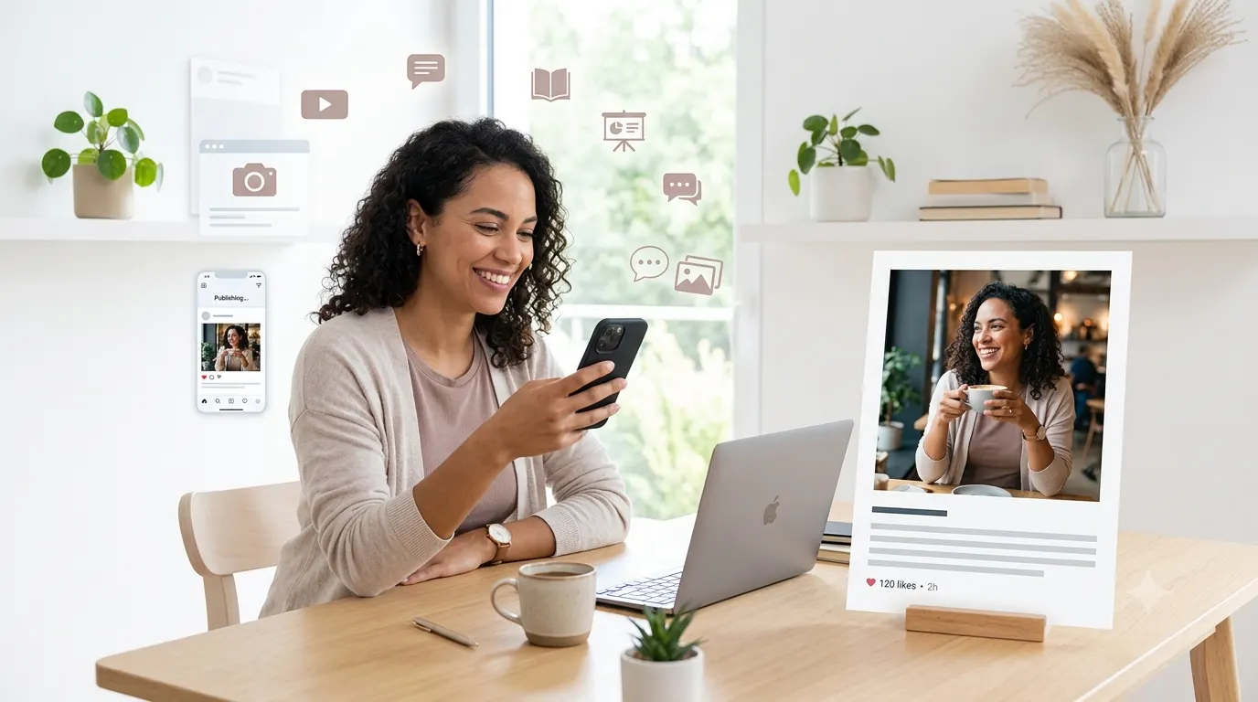 A person using a smartphone to create a social media post with a photo and caption, surrounded by icons representing images, videos, comments, books, and presentations in a clean, modern workspace.