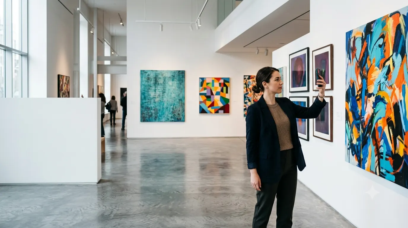 Modern art gallery interior with colorful abstract paintings displayed on white walls as a visitor admires the artwork while holding a smartphone, creating an inspiring and contemporary museum atmosphere.