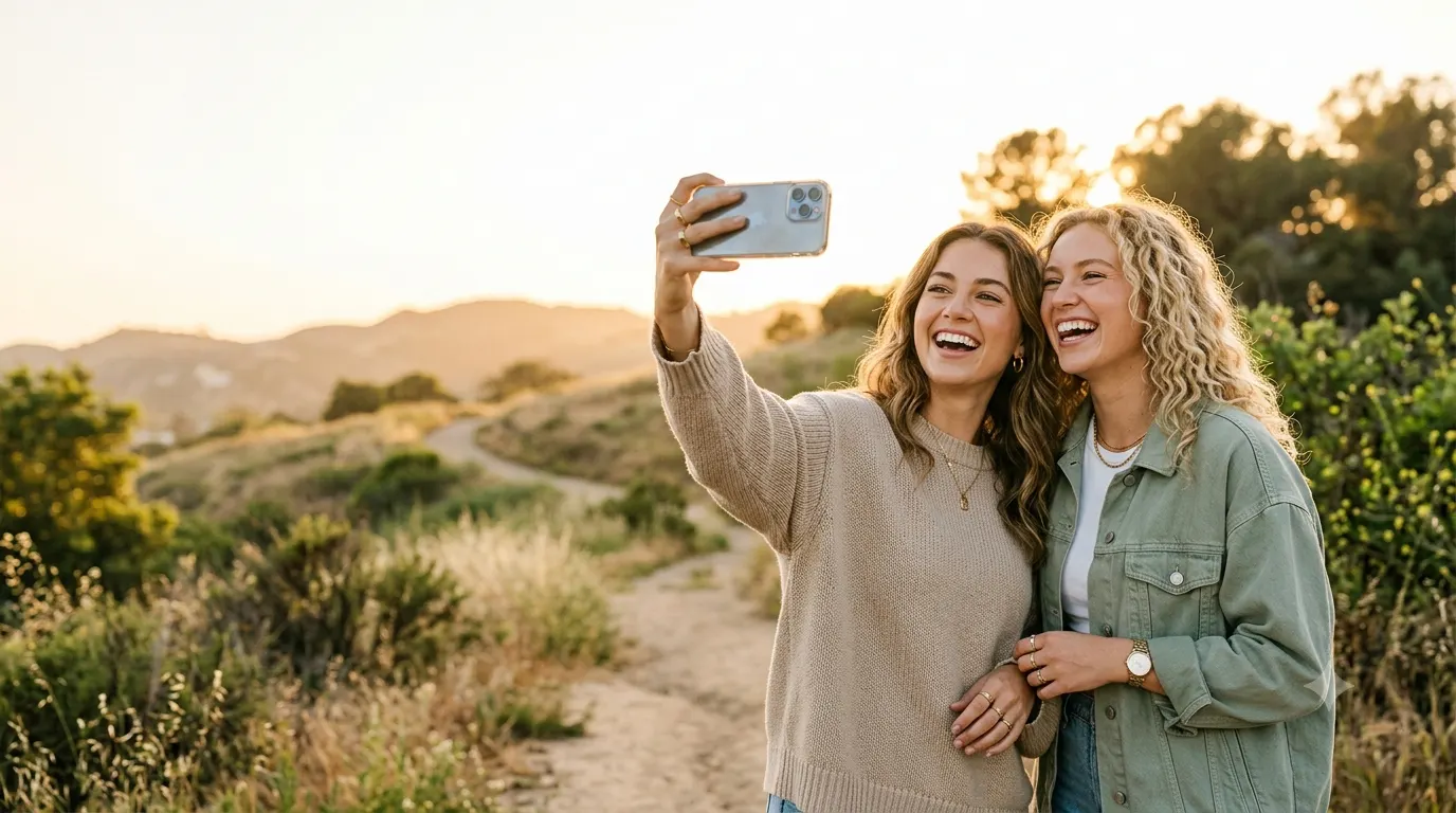 Two best friends laughing while taking a selfie outdoors at golden hour, capturing a joyful friendship moment with a warm, natural background and a bright, modern lifestyle aesthetic