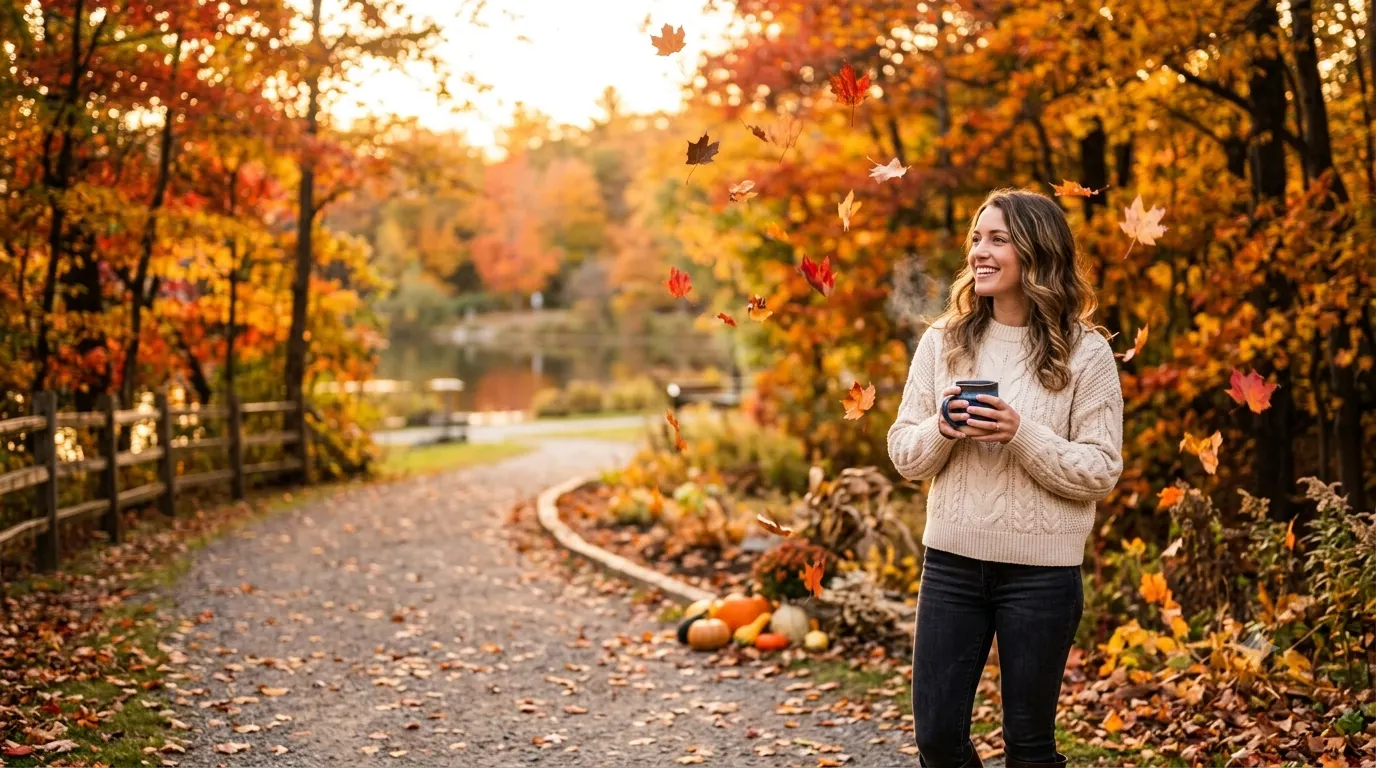 Person wearing a cozy sweater while holding a warm coffee in a colorful autumn park with golden leaves, pumpkins, and fall scenery, representing fall Instagram captions for seasonal social media posts.