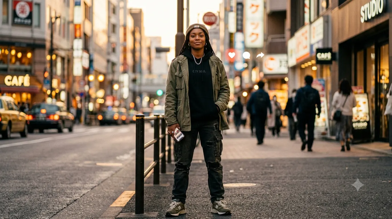 Confident person in stylish streetwear standing on a modern city street at golden hour, holding a smartphone with a bold expression, representing hard Instagram captions for selfies, fashion, and attitude posts.