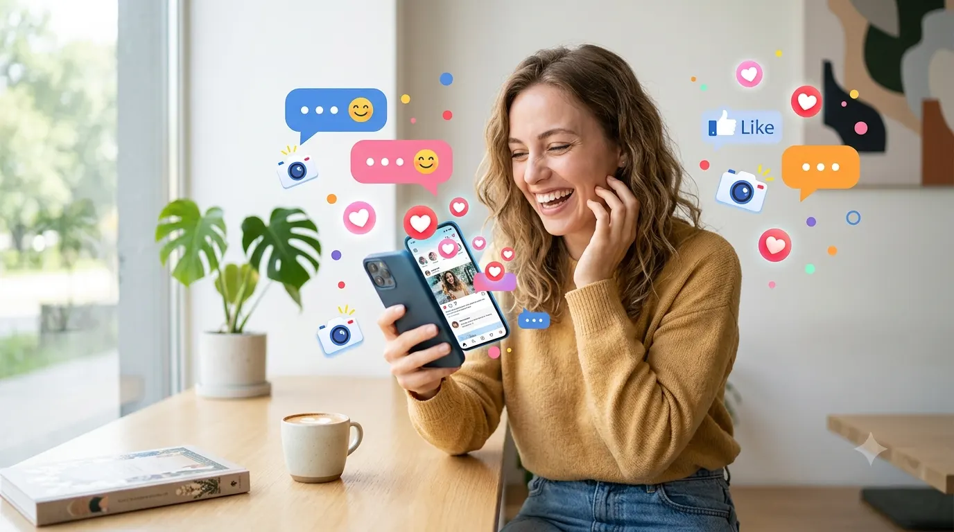 A smiling person holds a smartphone and laughs while browsing social media, surrounded by colorful chat bubbles, heart reactions, camera icons, and modern lifestyle elements in a bright, clean, horizontal banner with ample copy space.