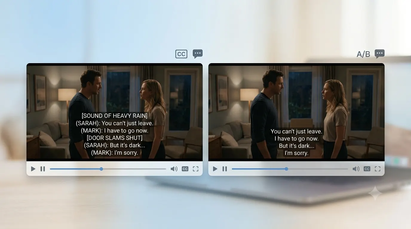 Modern comparison graphic showing a video player with closed captions on one side displaying dialogue, speaker labels, and sound descriptions, and subtitles on the other side showing dialogue only. The clean horizontal banner uses an accessibility-focused design with subtle media interface elements and ample negative space.