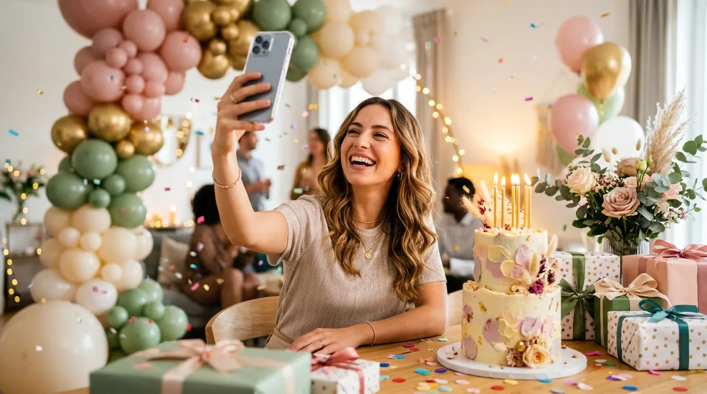 Colorful birthday celebration with a decorated cake, balloons, wrapped gifts, confetti, candles, and a smiling person taking a selfie in a festive party setting.