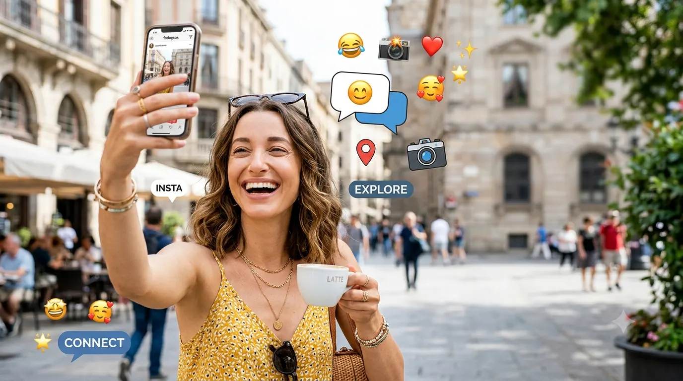 Person smiling while taking an Instagram selfie outdoors, surrounded by colorful social media inspired elements like emojis, camera icons, sunglasses, and a coffee cup, representing humorous Instagram captions and fun social media content.