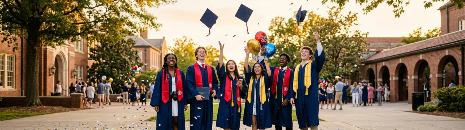 Happy high school seniors celebrating their final year together on campus, wearing graduation gowns, tossing caps into the air, and smiling during a golden hour graduation celebration.