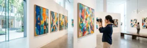 Person exploring a modern art gallery with colorful contemporary paintings, perfect for captions for art gallery and museum Instagram posts