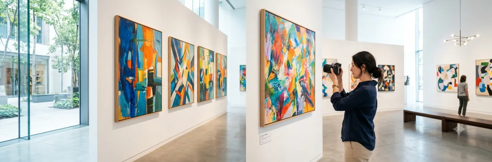 Person exploring a modern art gallery with colorful contemporary paintings, perfect for captions for art gallery and museum Instagram posts
