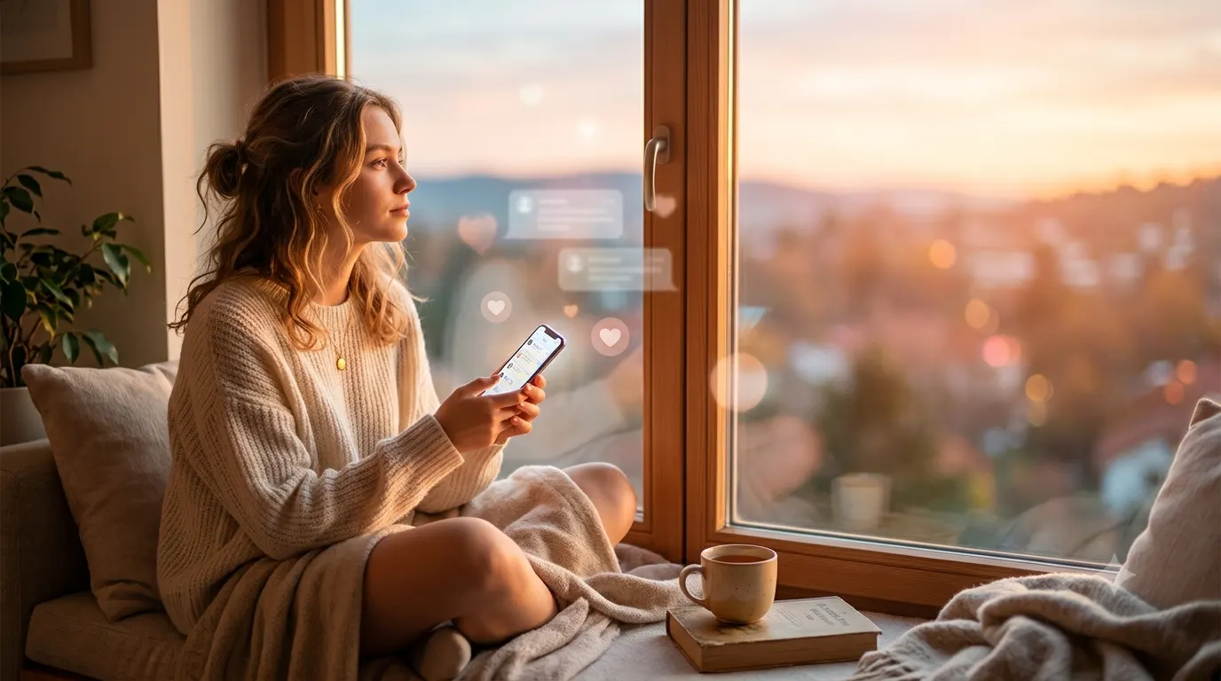 A person sits by a window at sunset, holding a smartphone and looking thoughtfully into the distance, capturing the feeling of missing someone with a warm, peaceful, and emotional atmosphere.