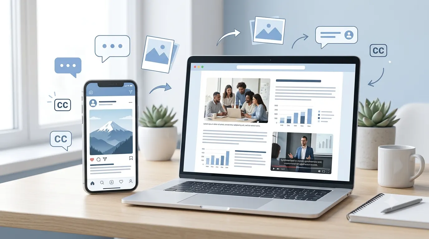 Modern workspace showing a smartphone with a social media post, a laptop displaying a blog article with an image caption, and a video player with captions enabled, illustrating different uses of captions across digital platforms.