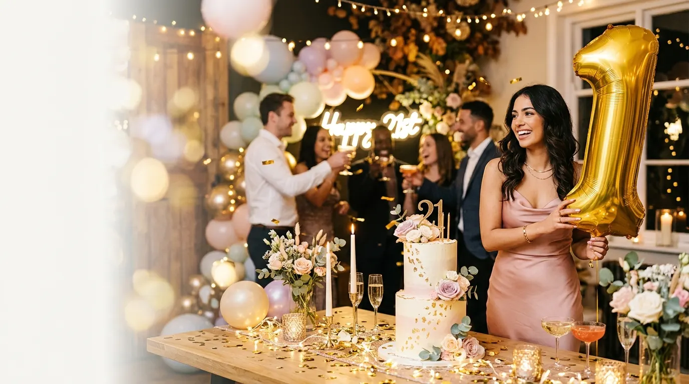 Stylish 21st birthday celebration with gold balloons, elegant birthday cake, confetti, and a smiling young adult posing for Instagram photos at a festive party.