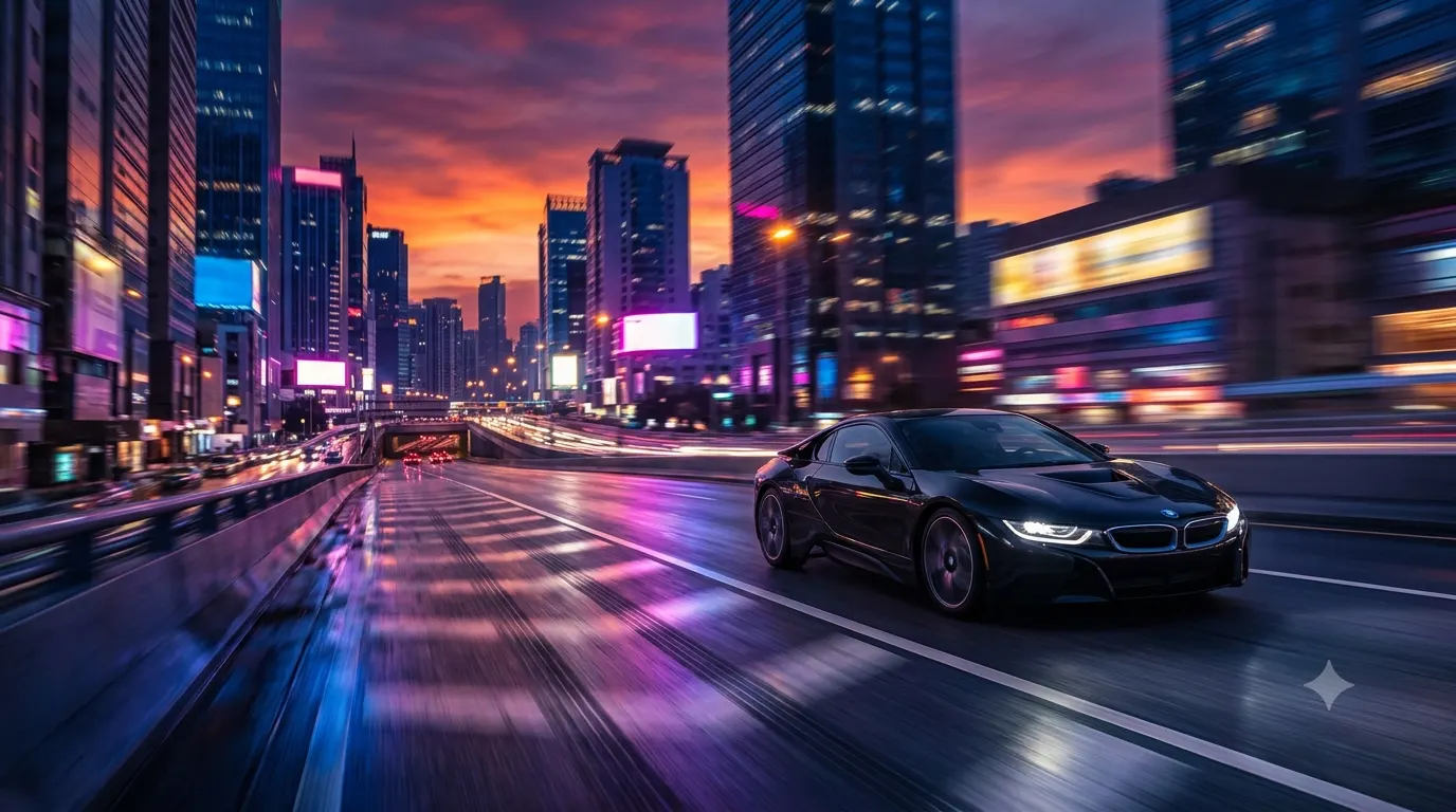 Black sports car driving through a neon-lit city highway at sunset, representing Fast and Furious captions for Instagram, racing, and road trip posts.