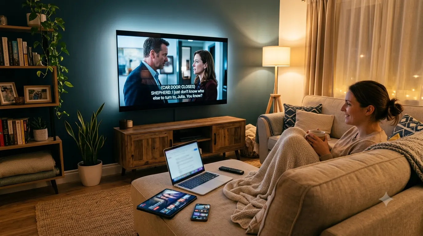 Person watching Netflix on a smart TV with closed captions enabled while using multiple streaming devices in a modern living room.