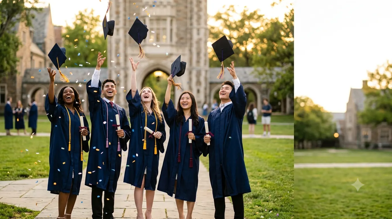 A group of smiling graduates in caps and gowns celebrating with diplomas and graduation hats during a golden-hour ceremony.