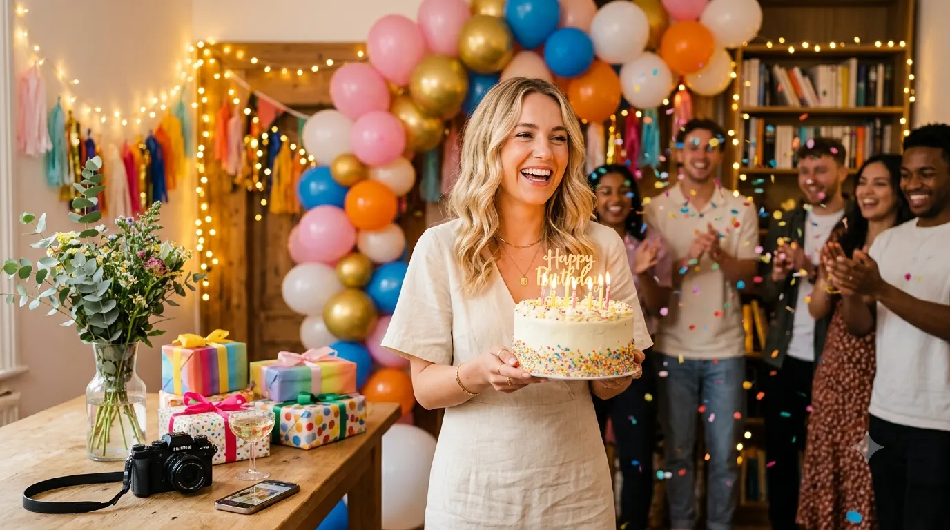 Colorful birthday celebration with a smiling young adult holding a decorated birthday cake, surrounded by balloons, confetti, wrapped gifts, and festive party decorations in a bright, modern setting.